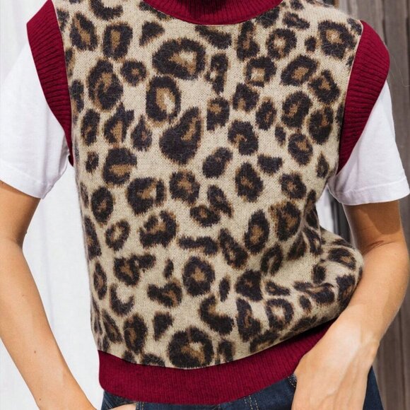 Multicolor Casual Women's Leopard Print Knit Sweater Vest - Picture 2 of 8